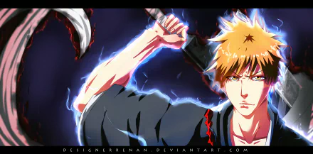 HD wallpaper featuring Zangetsu and Ichigo Kurosaki from the anime Bleach, showcasing Ichigo's striking orange hair and intense expression against a dynamic background.