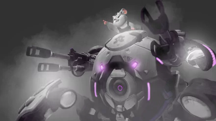HD PC desktop wallpaper featuring Wrecking Ball, the robotic hamster hero from the video game Overwatch, set against a smoky gray background.