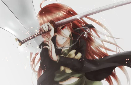 HD anime desktop wallpaper featuring Shana from Shakugan No Shana, poised with a katana, her red hair flowing dynamically against a light background.