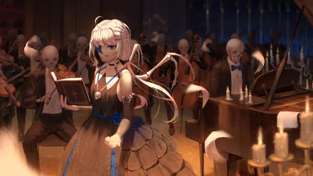 Anime-style blonde girl with blue eyes and eye patch plays violin amid skeleton musicians with wings, candles, and piano in a dark, atmospheric concert hall.