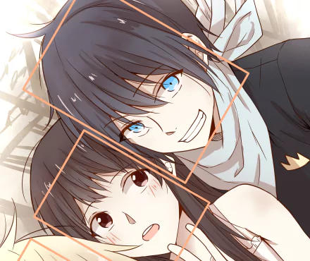 HD anime desktop wallpaper featuring Hiyori Iki and Yato from Noragami, showcasing their expressive faces with vibrant colors and dynamic framing.