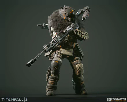Titanfall 2 concept art: armored pilot in fur-lined combat gear wielding a long rifle under dramatic lighting — HD PC desktop wallpaper and background.