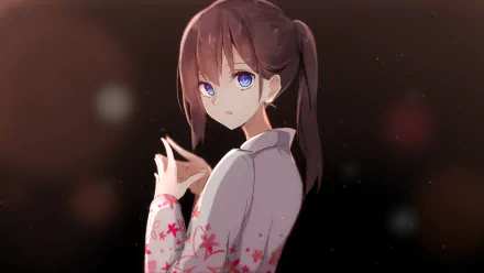 Anime-style original character with brown hair and striking blue eyes, wearing a kimono, set against a dark, softly blurred background in HD quality.