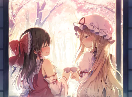 HD PC desktop wallpaper featuring Yukari Yakumo and Reimu Hakurei from the anime Touhou, set against a softly glowing, pastel-colored background.