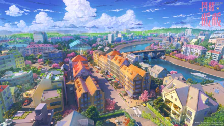 A vibrant anime city scene with colorful buildings, a river, and a bridge under a bright blue sky filled with fluffy clouds. The HD image serves as an impressive desktop wallpaper and background.