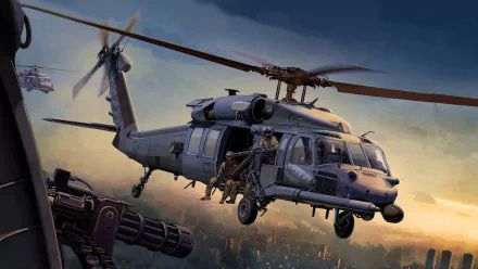 HD desktop wallpaper featuring a military Sikorsky HH-60 Pave Hawk helicopter in flight during a dynamic aerial operation.