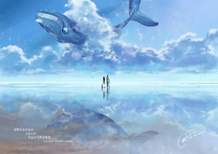 Anime-style 4K Ultra HD desktop wallpaper featuring two people standing on a reflective surface beneath a sky with a giant whale swimming through the clouds.