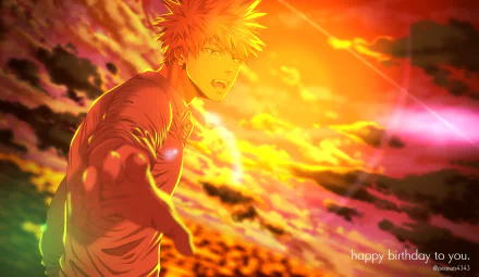 HD PC desktop wallpaper featuring Katsuki Bakugou from My Hero Academia with intense fiery background and dynamic lighting.