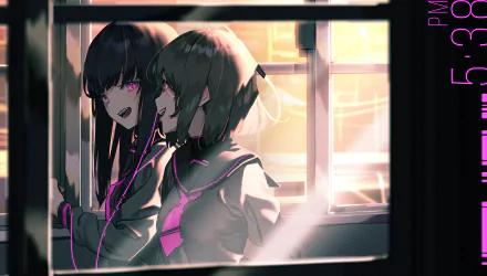 earbuds black hair pink eyes short hair Anime Original HD Desktop Wallpaper | Background Image