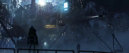 HD Anime Sci-Fi desktop wallpaper featuring a lone figure in a futuristic cityscape with neon lights and flying vehicles.