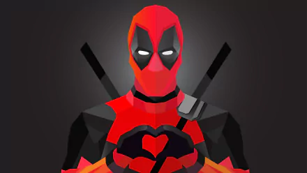 Minimalist Deadpool comic art in bold red and black, designed as a 4K Ultra HD PC desktop wallpaper with geometric shapes and a dark background.
