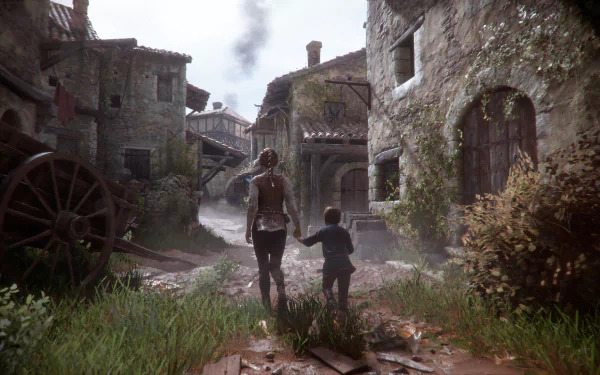 HD wallpaper of Amicia and Hugo de Rune from A Plague Tale: Innocence, exploring a medieval village.