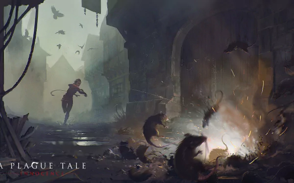 HD desktop wallpaper for A Plague Tale: Innocence featuring a character running through a dimly lit, rat-infested alley with floating embers.