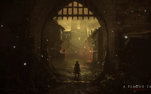 HD wallpaper from A Plague Tale: Innocence featuring a character in a medieval setting with dramatic lighting, archway view.