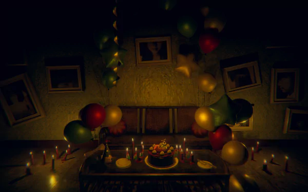 A dimly lit room with balloons, a birthday cake on the table, and photos on the wall, exuding a sense of devotion, as a HD wallpaper.