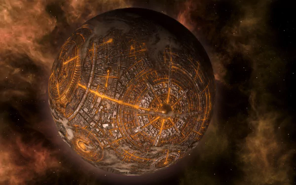 HD Stellaris desktop wallpaper featuring a highly detailed, futuristic city-covered planet set against a nebula-strewn space background.