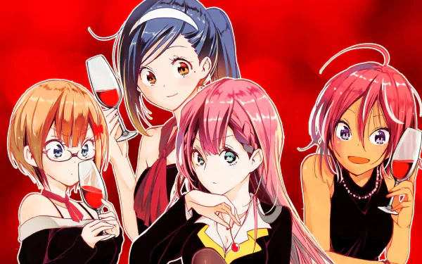 HD desktop wallpaper featuring Uruka Takemoto, Mafuyu Kirisu, Fumino Furuhashi, and Rizu Ogata from the anime We Never Learn, with the characters holding wine glasses against a vibrant red background.