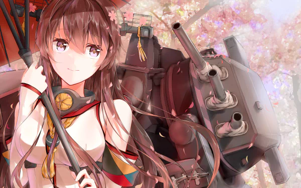 HD PC desktop wallpaper featuring Yamato from Kantai Collection, depicted in anime style with cherry blossoms and detailed naval artillery in the background.