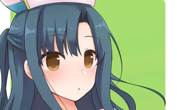 HD PC wallpaper featuring Kaori Shirasaki from Arifureta Shokugyou de Sekai Saikyou, an anime character with long black hair, brown eyes, and a hat against a green background.