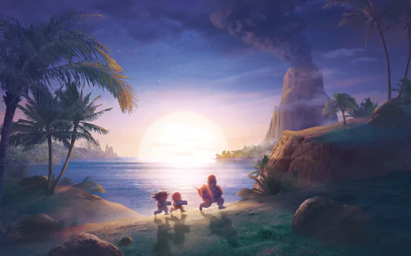 HD desktop wallpaper featuring Krillin and Goku from Dragon Ball, set against a serene sunset backdrop with palm trees, coastline, and a smoking volcano.