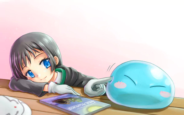 HD PC wallpaper of Chloe Aubert reclining at a desk, pointing at Rimuru Tempest's smiling blue slime — anime scene from That Time I Got Reincarnated as a Slime