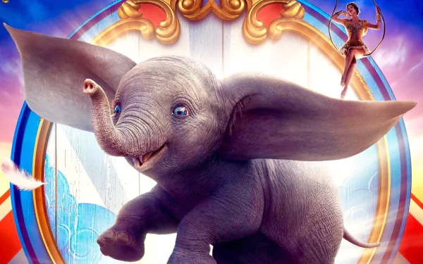 HD PC desktop wallpaper featuring Dumbo and a circus performer from the 2019 Dumbo movie, showing the flying elephant with large ears against a vibrant circus background.