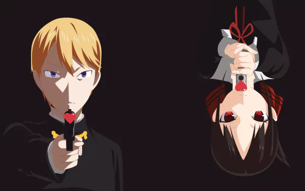 HD desktop wallpaper and background vector image featuring Miyuki Shirogane and Kaguya Shinomiya from the anime Kaguya-sama: Love is War, both holding objects shaped like guns.