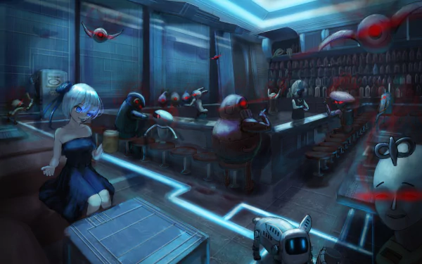 Anime original 4K Ultra HD PC desktop wallpaper: girl in a dress sits in a neon-lit bar populated by robots and mecha, retro-futuristic droid patrons and glowing circuitry.