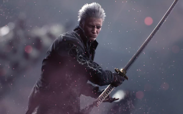 HD desktop wallpaper of Vergil from the video game Devil May Cry 5, featuring him holding a sword with a focused expression in a dramatic, misty background.