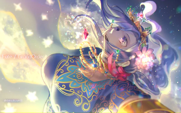 HD PC desktop wallpaper featuring Parvati from Fate/Grand Order, showcasing intricate anime-style details and vibrant colors in a dynamic, celestial setting.