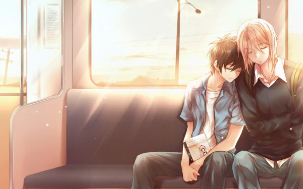 HD anime wallpaper featuring Shirō Ashiya and Sadao Maou from The Devil Is a Part-Timer! sitting closely together on a bus during sunset.
