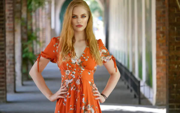 lipstick blue eyes blonde depth of field orange dress woman model HD Desktop Wallpaper | Background Image