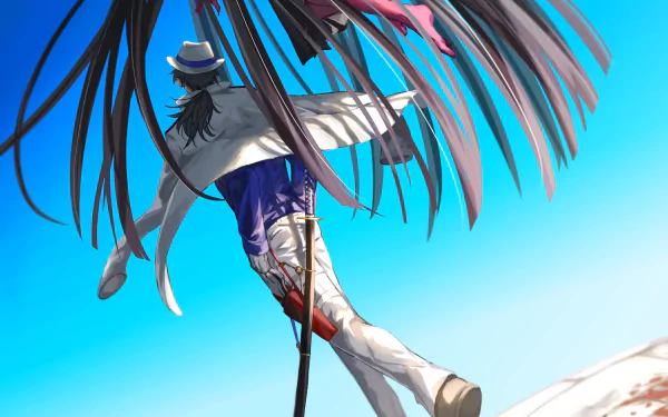 HD anime desktop wallpaper featuring Oryou from Fate/KOHA-ACE in Fate/Grand Order, depicted mid-air against a clear blue sky with palm leaves overhead.