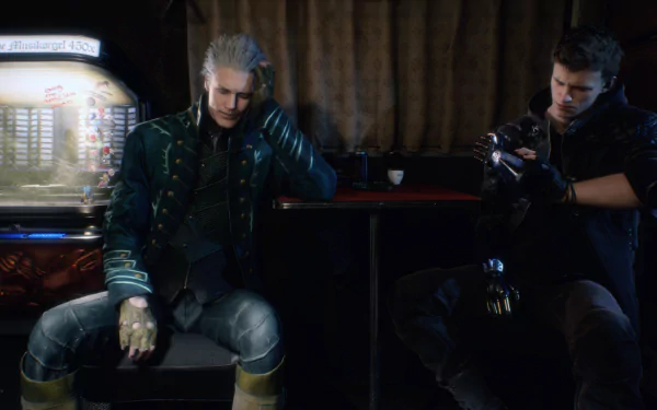 HD PC desktop wallpaper featuring Nero and Vergil from the video game Devil May Cry 5, captured in a dimly lit, atmospheric setting.