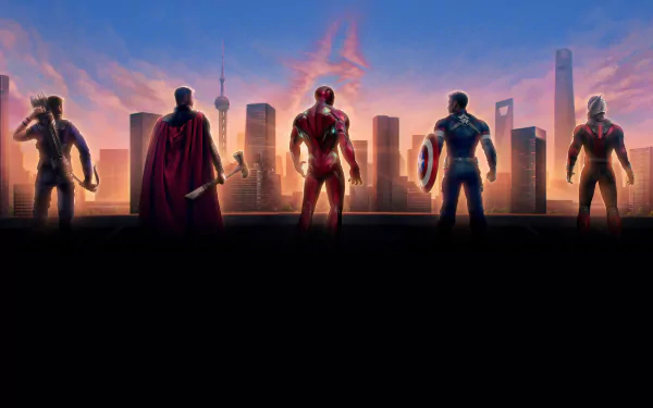 A stunning HD wallpaper of key Marvel heroes from Avengers: Endgame—Hawkeye, Thor, Iron Man, Captain America, and Ant-Man—silhouetted against a city skyline at sunset.
