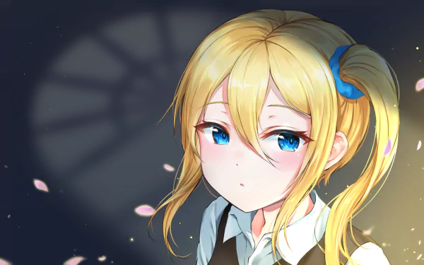 HD desktop wallpaper featuring Ai Hayasaka from Kaguya-sama: Love is War, showcasing her blonde hair and blue eyes against a delicate background with falling petals.