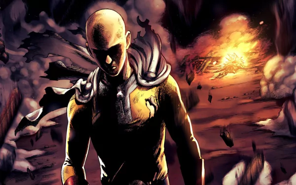 HD PC desktop wallpaper featuring Saitama and Lord Boros from the anime One-Punch Man, set against a fiery, battle-damaged background.