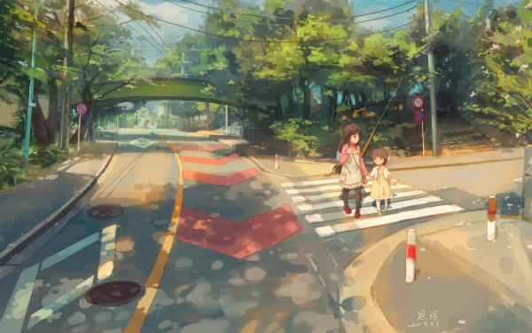 HD anime desktop wallpaper from Clannad featuring Ushio Okazaki and Fuuko Ibuki crossing a sunlit road near a green bridge surrounded by lush trees.