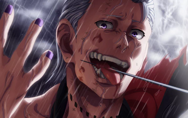 HD desktop wallpaper featuring Hidan from the anime Naruto. The image portrays Hidan in a dramatic scene under the rain, displaying a fierce expression with a rod through his cheek.