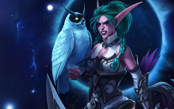 green hair blue eyes pointed ears elf owl Tyrande Whisperwind video game World of Warcraft HD Desktop Wallpaper | Background Image