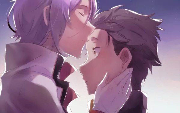 HD anime desktop wallpaper featuring Subaru Natsuki and Julius Juukulius from Re:Zero - Starting Life in Another World in a tender moment.