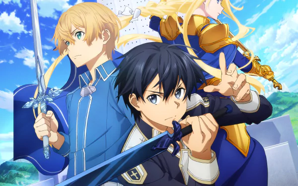 HD wallpaper featuring Eugeo, Kirito, and Alice Zuberg from Sword Art Online: Alicization. Eugeo wields the Blue Rose Sword, while Kirito holds the Night Sky Sword, set against a vibrant backdrop.