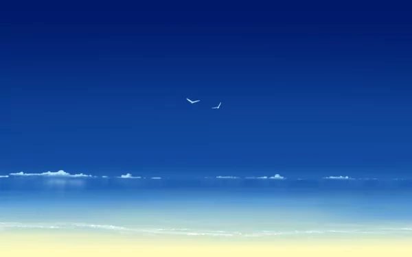 Anime beach HD PC desktop wallpaper: tranquil seaside with deep blue sky gradient, wispy clouds, two seabirds and a pale sandy shoreline.