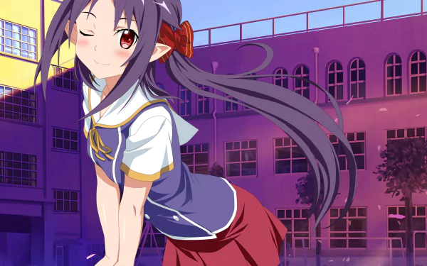 HD PC desktop wallpaper featuring Yuuki Konno from the anime Sword Art Online II, with her signature purple hair and school uniform against a vibrant building backdrop.