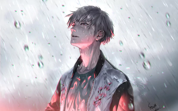 An HD desktop wallpaper of an anime boy standing in the rain. The boy has grey hair and a reflective expression, with rain falling heavily around him.