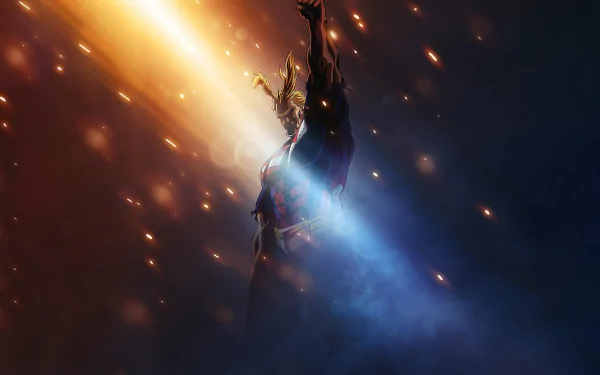 HD desktop wallpaper featuring Toshinori Yagi as All Might from the anime My Hero Academia, with dramatic lighting and a heroic pose.