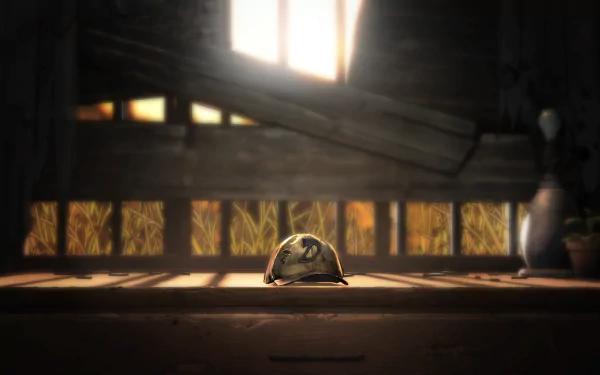 HD PC desktop wallpaper from the video game The Walking Dead: The Final Season, featuring a worn hat illuminated by light in a dim wooden interior.