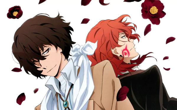 Anime-style 8K Ultra HD wallpaper featuring Osamu Dazai and Chuuya Nakahara from Bungou Stray Dogs with scattered red flower petals on a white background.