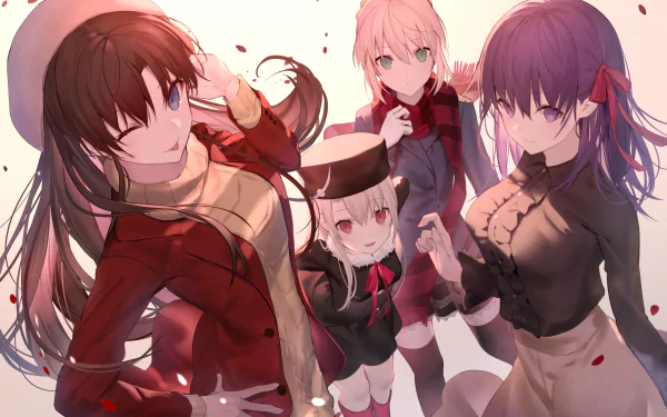 A vibrant HD wallpaper featuring characters from the Fate series: Saber, Rin Tohsaka, Sakura Matou, and Illyasviel Von Einzbern, showcasing their distinct styles and expressions.