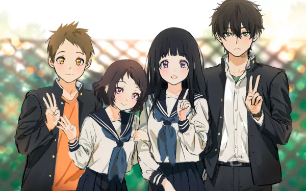This HD desktop wallpaper features Hōtarō Oreki, Mayaka Ibara, Satoshi Fukube, and Eru Chitanda from the anime Hyouka, standing together with two characters making peace signs.